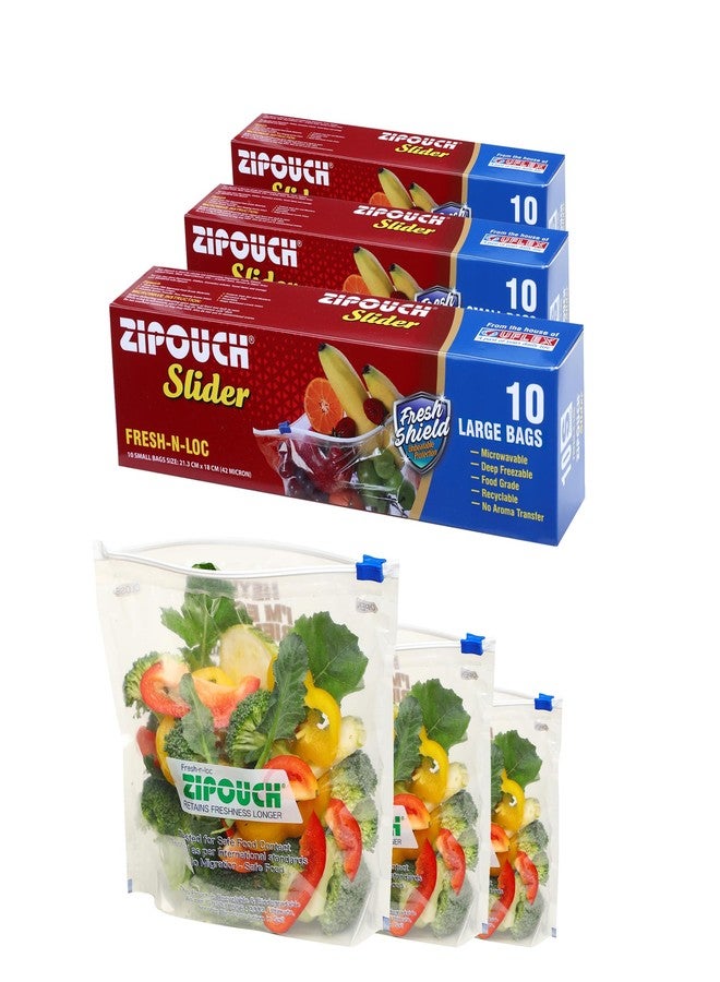 ZIPOUCH Zip Lock Bag with Slider | Combo Pack S, M & L (30 Bags, 10 Each) | Ziplock Bags for Fridge & Travel Packing | Zipper Pouch & Zip Lock Covers for Food, Vegetables & Kitchen - Image 1
